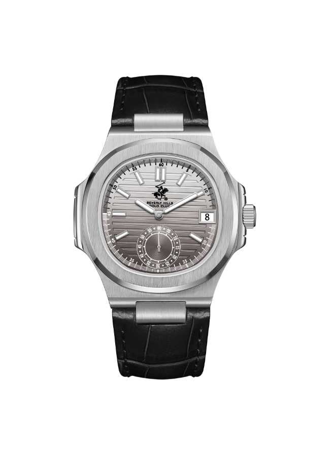 BHPC Gents  MULTIFUNCTION Fn S.S Case BLACK LEATHER Band GUN TO SILVER Dial