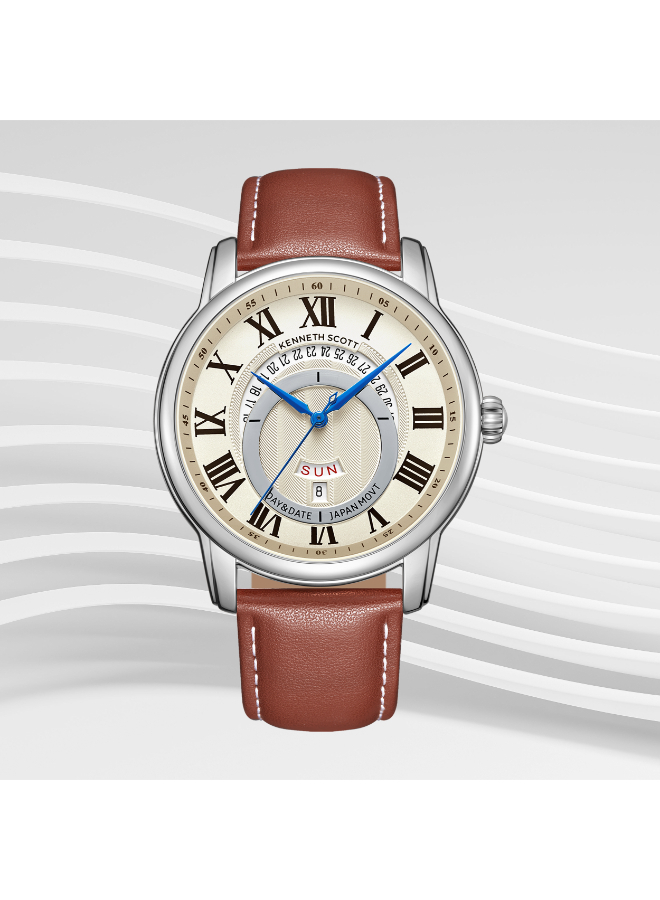 Kenneth Scott Gents Analog Silver Case D.Brown Leather Strap Ivory Dial