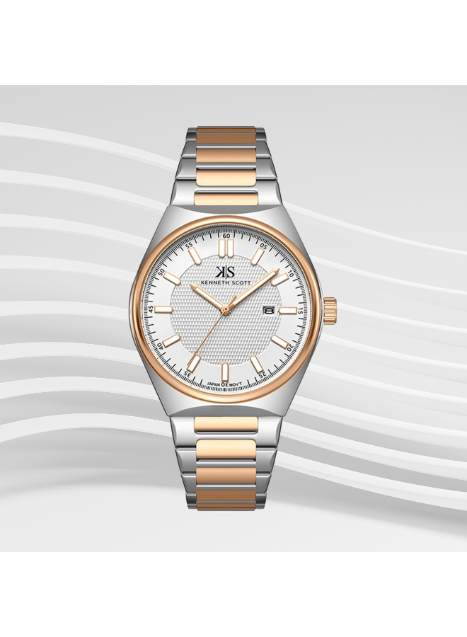 Kenneth Scott Gents Analog Silver/RG Case Silver/RG Bracelet Band White Dial