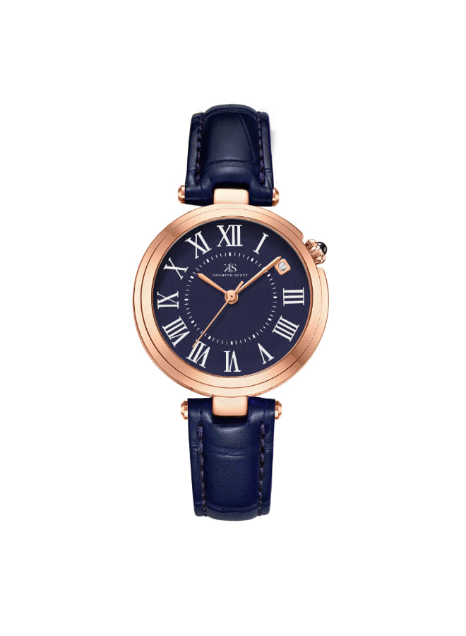 Kenneth Scott Ladies Analog Rose Gold Case Rose Gold Leather Strap Blue Dial
