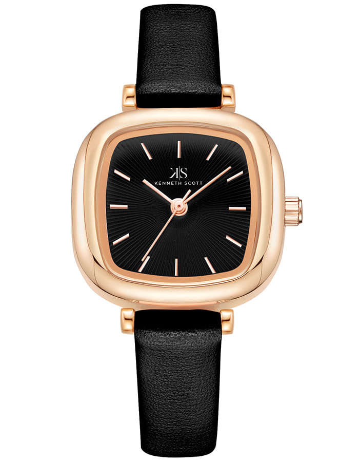 Kenneth Scott Ladies Analog Rose Gold Case Black Leather strap Black Dial