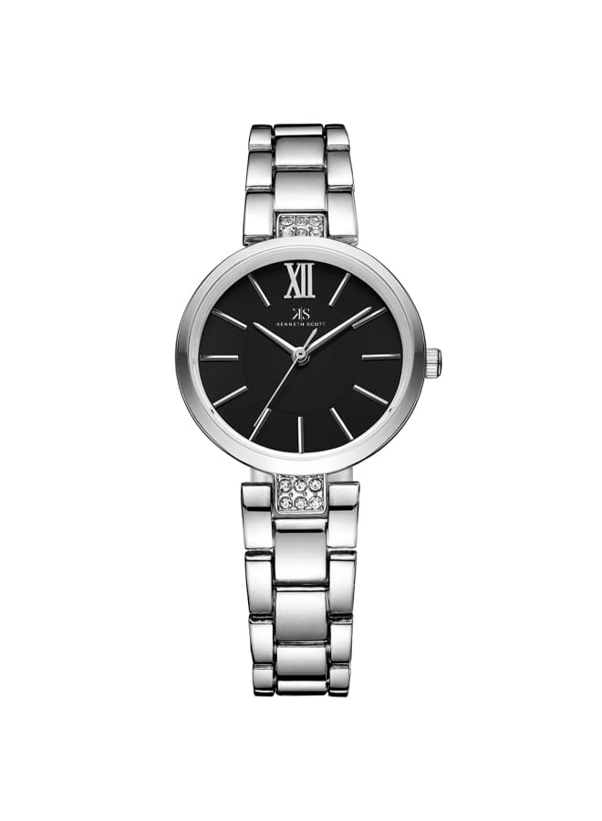 Kenneth Scott Ladies analog Silver Case Silver Metal Band Black Dial