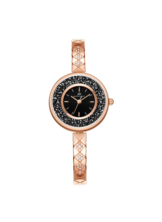 Kenneth Scott Ladies analog Rose Gold Case Rose Gold Metal Band Black Dial