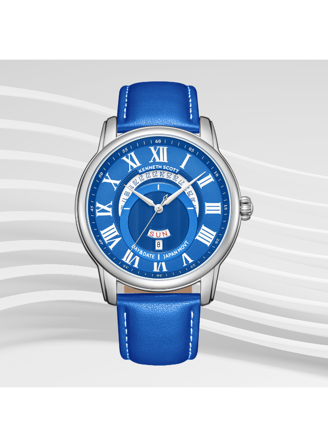 Kenneth Scott Gents Analog Silver Case Navy Blue Leather Strap Navy Blue Dial