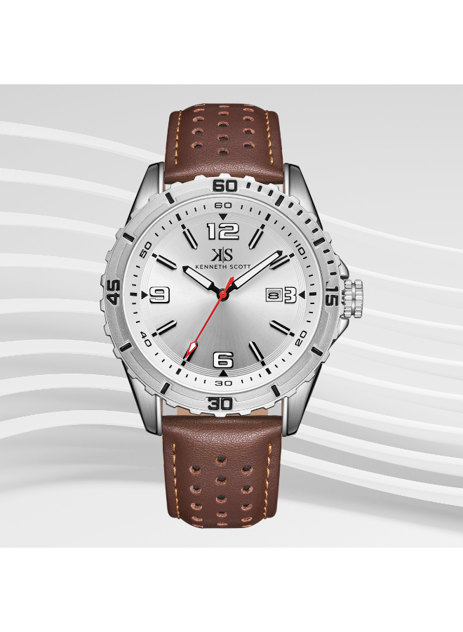 Kenneth Scott Gents Analog Silver Case D.Brown Leather Strap White Dial