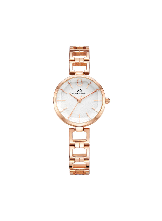 Kenneth Scott Ladies analog Rose Gold Case Rose Gold Metal Band White Dial