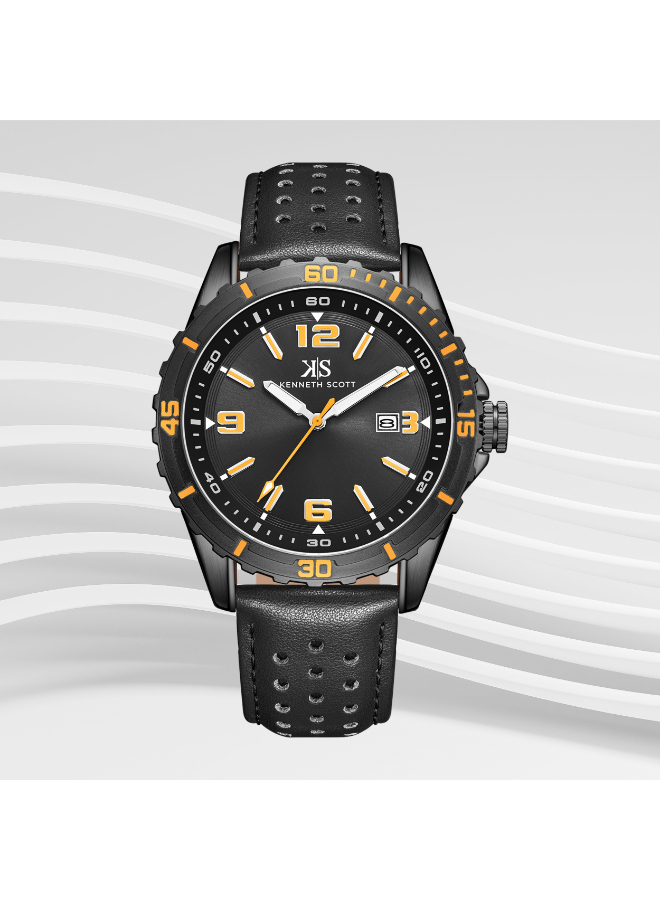 Kenneth Scott Gents Analog Black Case Black Leather Strap Black Dial