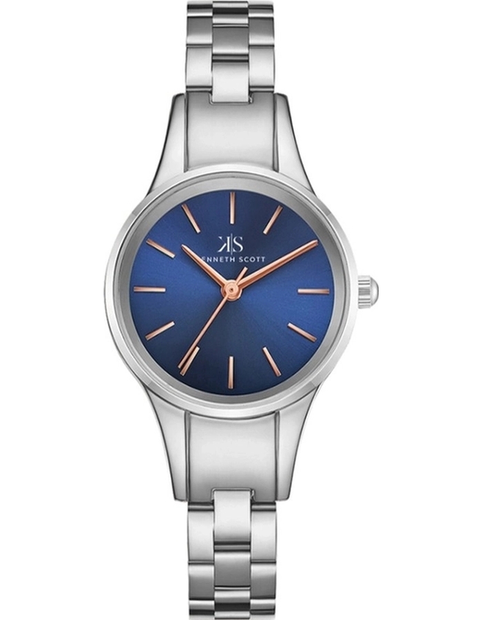 Kenneth Scott Ladies Analog Silver Case Silver Metal Band Blue Dial