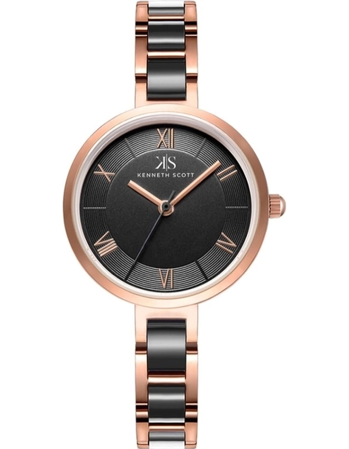 Kenneth Scott Ladies Analog TT RG/Silver Case Black Ceramic Band Black Dial