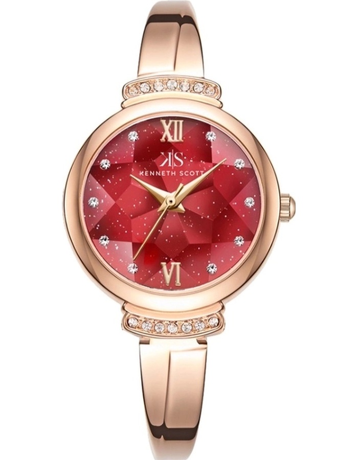 Kenneth Scott Ladies Analog Rose Gold Case TT RG/Silver Metal Band Red Dial