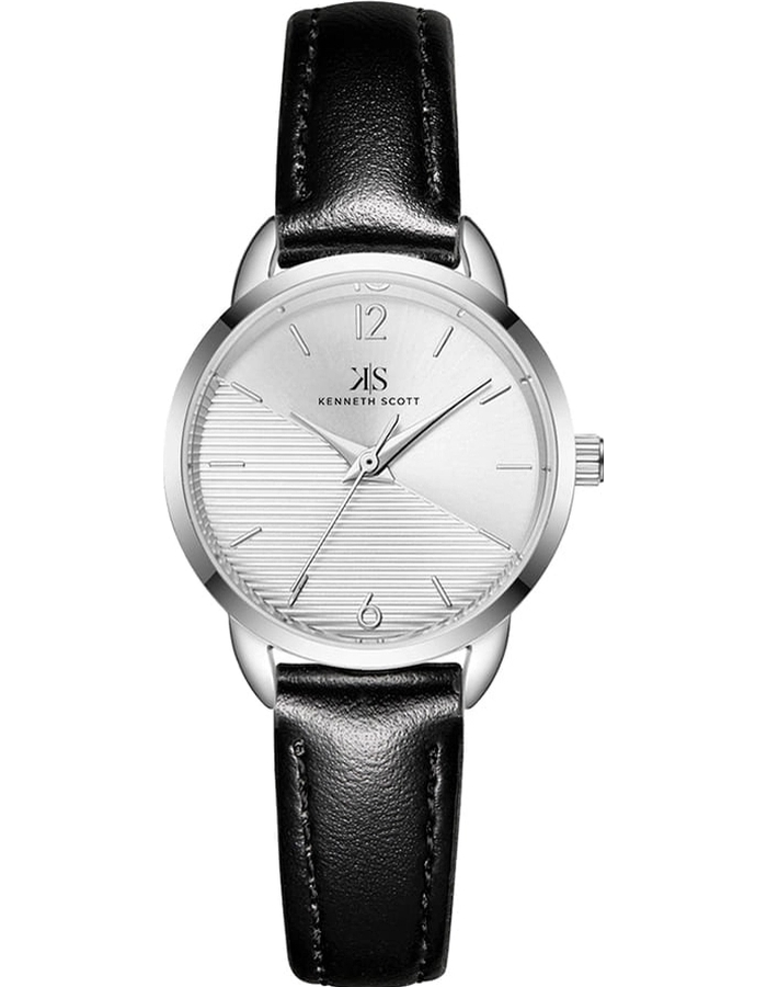 Kenneth Scott Ladies Analog Silver Case Black Leather strap White Dial