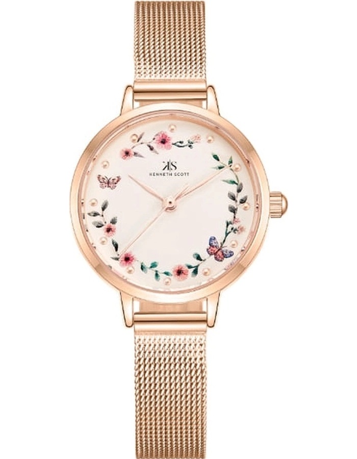 Kenneth Scott Ladies analog Rose Gold Case Rose Gold Mesh Band Peach Dial
