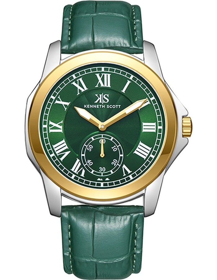 Kenneth Scott Gents Analog Silver/Gold Case Green Leather Strap Green Dial