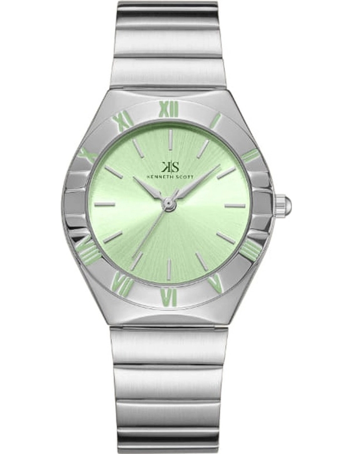 Kenneth Scott Ladies Analog Silver Case Silver Metal Band Light Green Dial