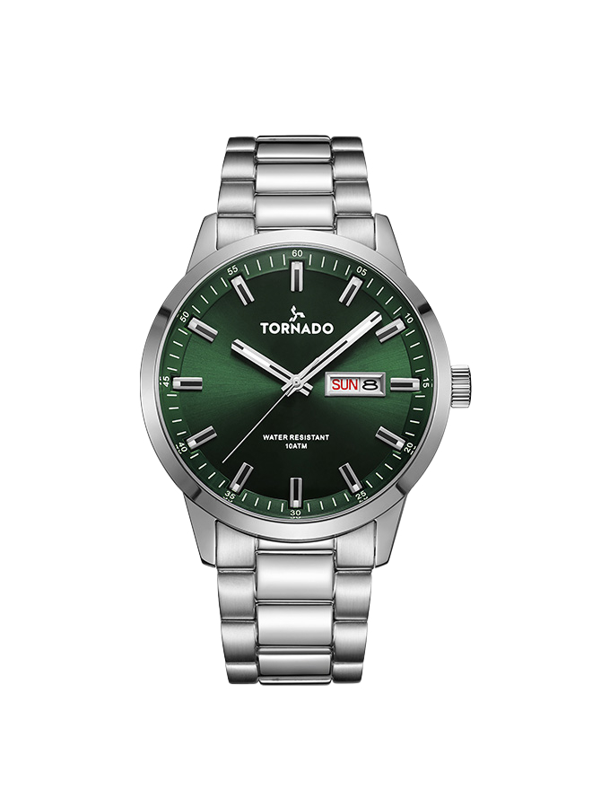 Tornado Gents 3H day-date Analog  Fn Silver Case Silver Bracelet Green sunray dial
