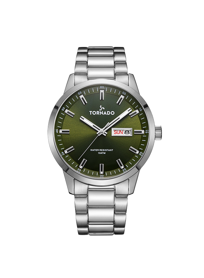 Tornado Gents 3H day-date Analog  Fn Silver Case Silver Bracelet Military green sunray dial