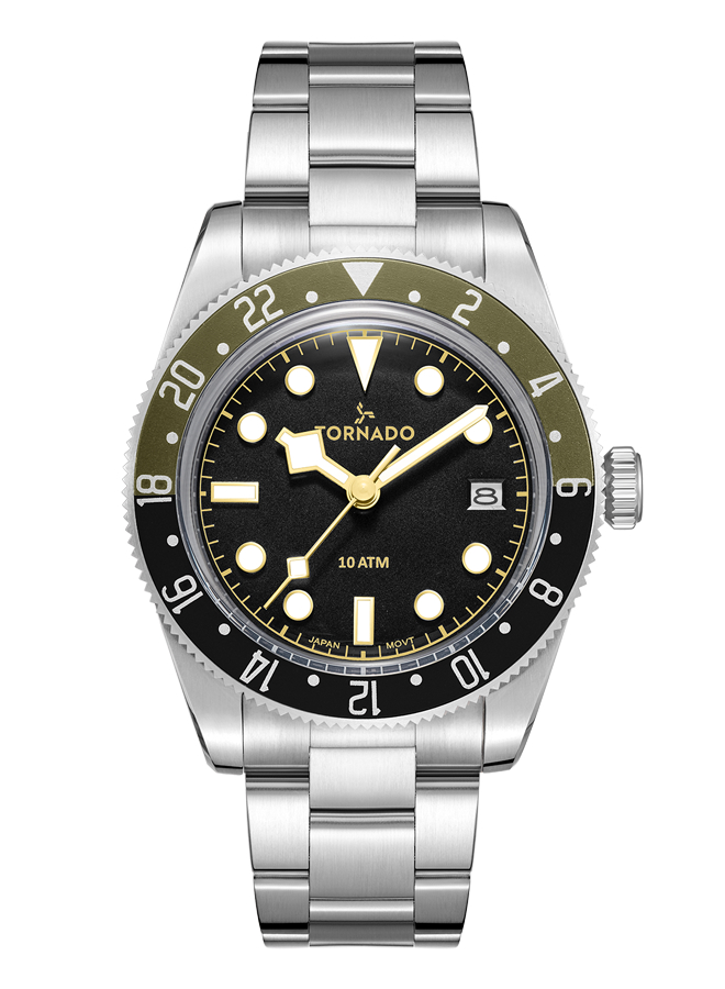 Tornado Gents 3H Date fn Silver Case Silver Metal Band Black with Green Highlights Dial