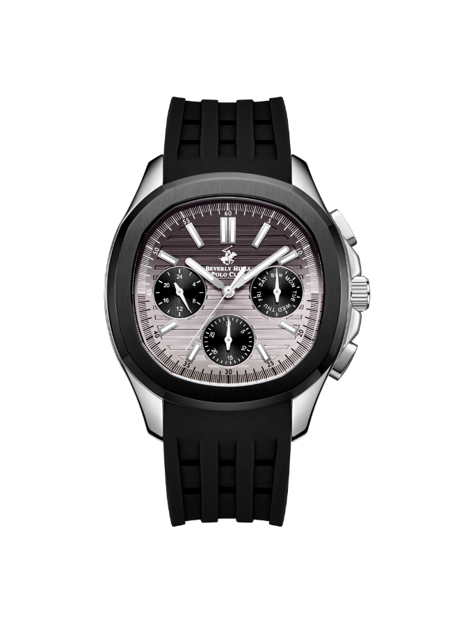 BHPC Gents  MULTIFUNCTION  S.S/IP GUN Case BLACK SILICON Band GUN TO SILVER Dial