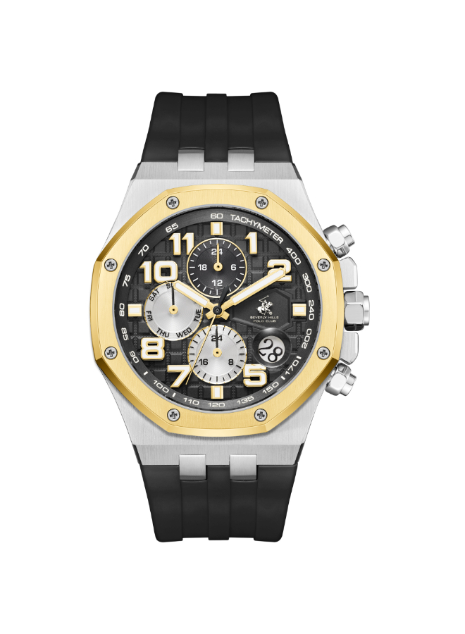 BHPC Gents  MULTIFUNCTION Fn S.S/IP GOLD Case BLACK SILICON Band BLACK Dial