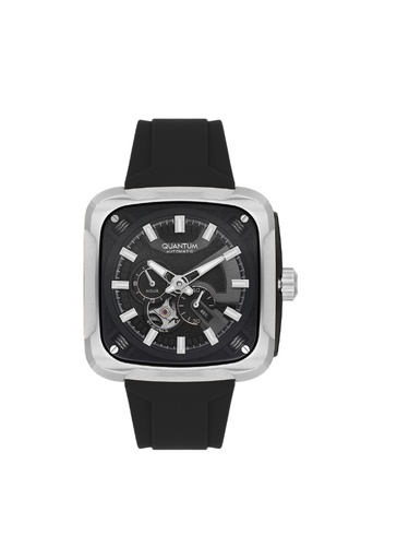 [QMG1135.351] Quantum Gents Automatic Fn Silver Case Black  Silicon Strap Band Black Dial