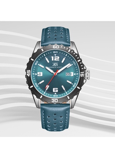 [K24022-QLGG] Kenneth Scott Gents Analog Silver/Black Case Green Leather Strap Green Dial