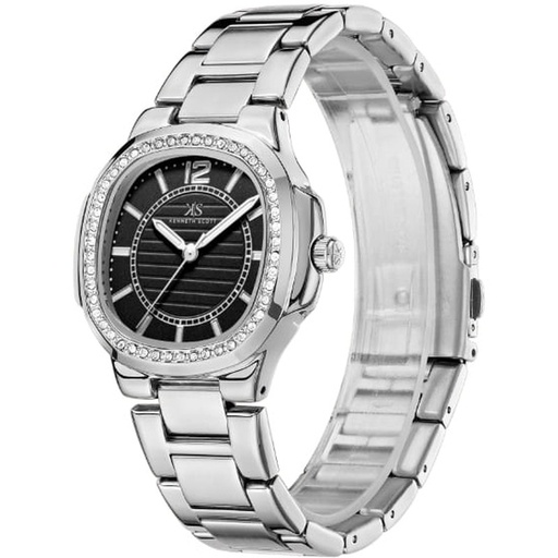 [K24507-SBSB] Kenneth Scott Ladies Analog Silver Case Silver Metal Band Black Dial