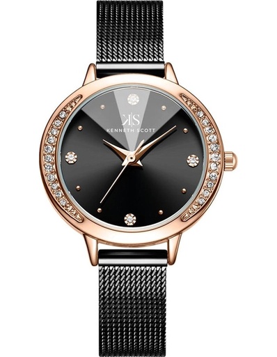 [K22523-RMBB] Kenneth Scott Ladies Analog Rose Gold Case Black Mesh band Black Dial