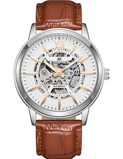 [K24323-SLDWK] Kenneth Scott Gents Automatic Silver Case D.Brown Leather Strap White Dial