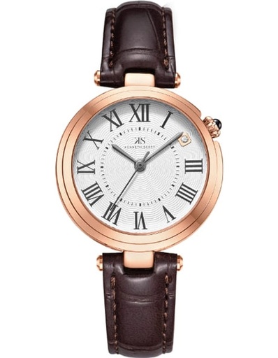 [K24510-RLDW] Kenneth Scott Ladies Analog Rose Gold Case Rose Gold Leather Strap White Dial