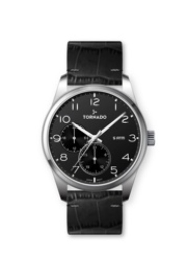 [T25102-SLBB] Tornado Gents Multi Fn Silver Case Black Leather Black Dial
