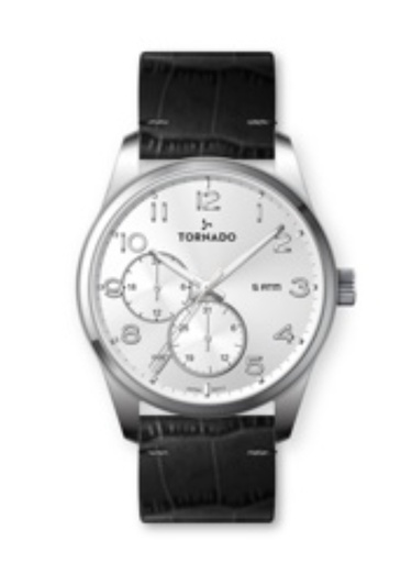 [T25102-SLBW] Tornado Gents Multi Fn Silver Case Black Leather White Dial