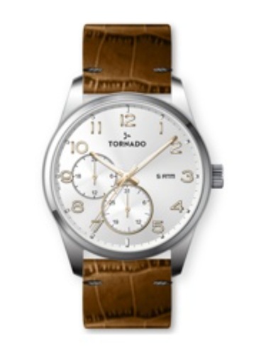 [T25102-SLDW] Tornado Gents Multi Fn Silver Case Brown Leather White Dial