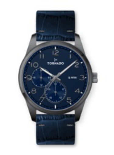 [T25102-XLNN] Tornado Gents Multi Fn Gun metal Case Blue Leather Blue Dial