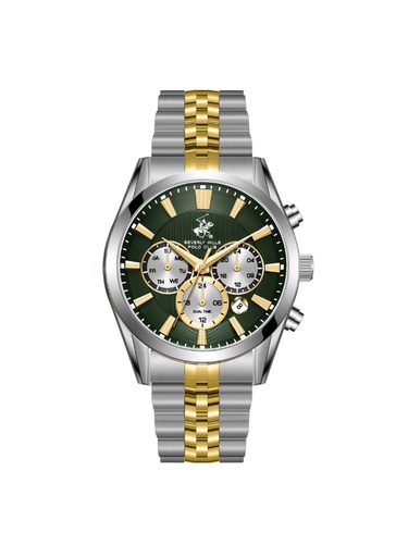 [BP3782X.270] BHPC Gents  MULTIFUNCTION  S.S Case S.S/IP GOLD STEEL Band GREEN 5605C Dial